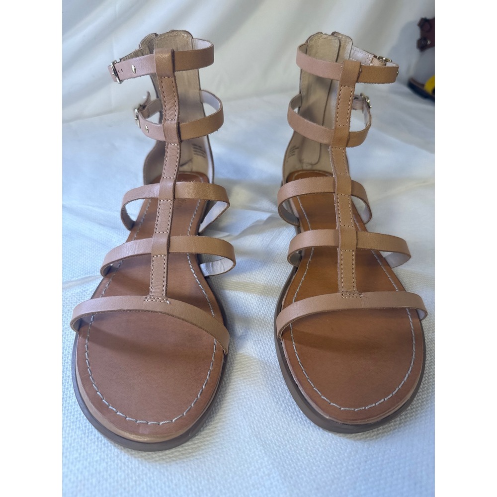 Seychelles Tan Leather Gladiator Sandals Strappy Back Zip Flat Shoes Womens 8.5